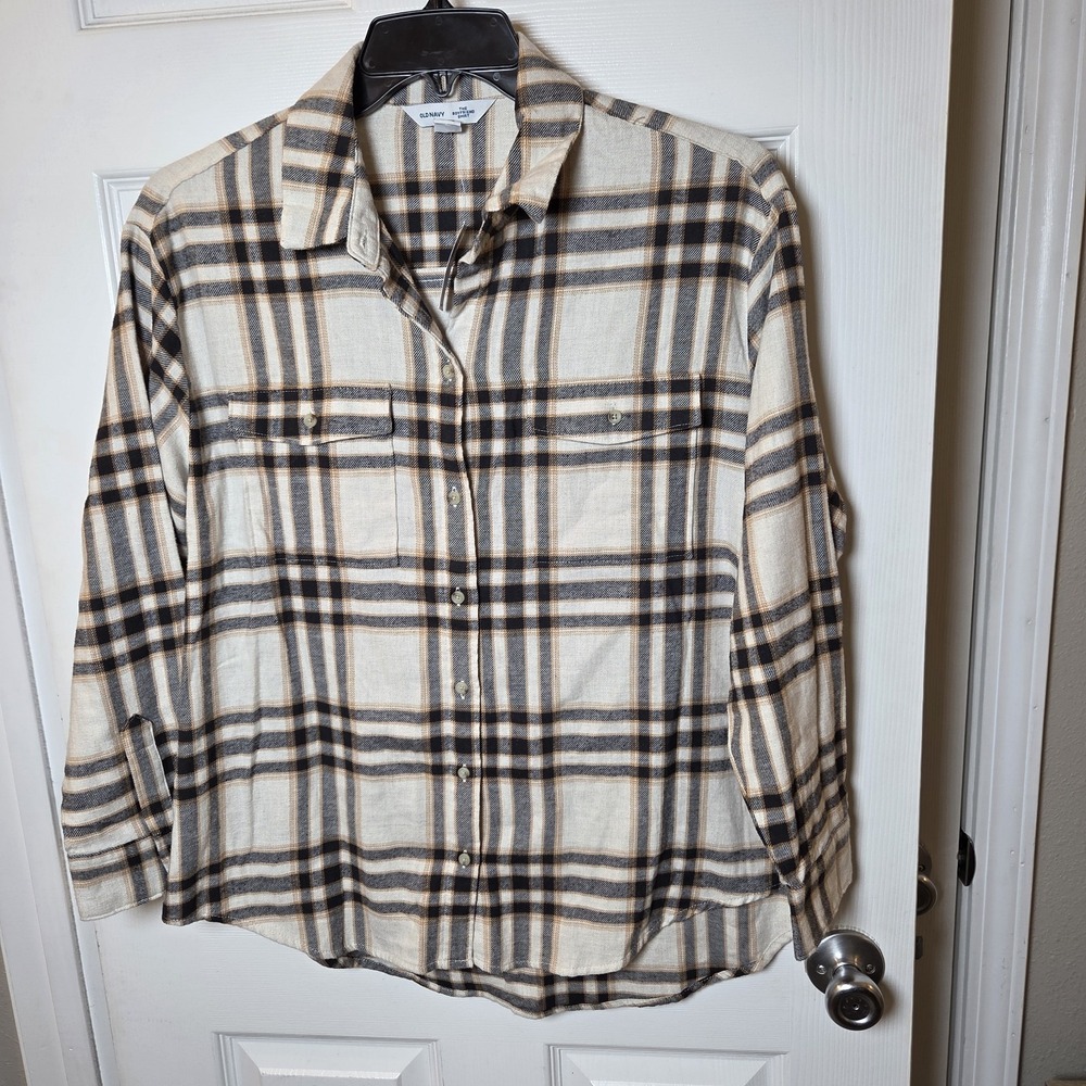 Old Navy The Boyfriend Shirt Button Up Top Sz L black‎ Plaid Fall Flannel NWT